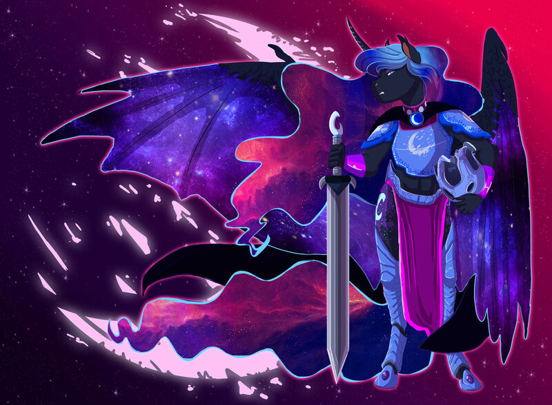 Size: 1280x941 | Tagged: alicorn, anthro, armor, artist:earthsong9405, derpibooru import, ethereal mane, female, galaxy mane, helmet, hybrid wings, mare, nightmare moon, safe, solo, starry wings, sword, unguligrade anthro, weapon, wing claws