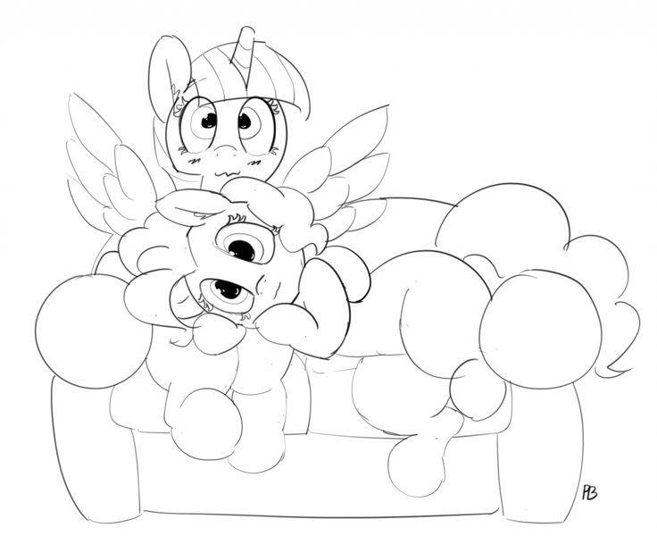 Size: 1280x1043 | Tagged: safe, artist:pabbley, derpibooru import, pinkie pie, twilight sparkle, twilight sparkle (alicorn), alicorn, earth pony, pony, 30 minute art challenge, blushing, couch, cuddling, female, lesbian, monochrome, netflix and chill, pabbley is trying to murder us, shipping, spread wings, twinkie, wavy mouth, wingboner, wings