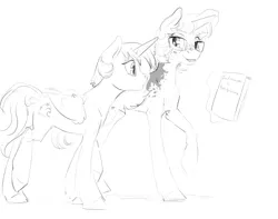 Size: 2538x2000 | Tagged: safe, artist:silfoe, derpibooru import, oc, oc:eventide glisten, oc:twilight dapple, unofficial characters only, alicorn, pony, other royal book, black and white, book, grayscale, magic, magical lesbian spawn, monochrome, offspring, older, parent:princess luna, parent:twilight sparkle, parents:twiluna, simple background, telekinesis, white background