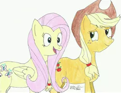 Size: 6101x4676 | Tagged: safe, artist:willtngl, derpibooru import, applejack, fluttershy, pony, absurd resolution, appleshy, female, lesbian, shipping, traditional art