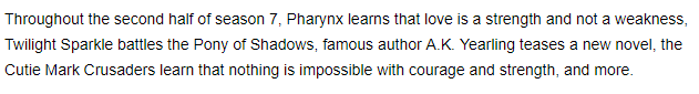 Size: 631x85 | Tagged: a.k. yearling, alicorn, animation magazine, apple bloom, cutie mark crusaders, daring do, derpibooru import, pharynx, pony of shadows, safe, scootaloo, spoiler:s07, sweetie belle, text, text only, twilight sparkle, twilight sparkle (alicorn)