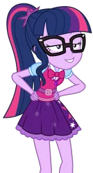 Size: 1441x2681 | Tagged: safe, artist:sketchmcreations, derpibooru import, sci-twi, twilight sparkle, equestria girls, movie magic, spoiler:eqg specials, clothes, female, geode of telekinesis, glasses, hand on hip, lidded eyes, magical geodes, simple background, skirt, smug, solo, transparent background, vector