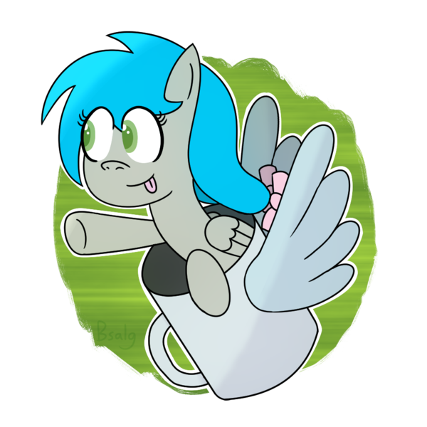 Size: 1000x1000 | Tagged: safe, artist:b-cacto, derpibooru import, oc, oc:darcy sinclair, unofficial characters only, pony, :p, coffee mug, flying mug, mug, random, solo, tongue out, wat