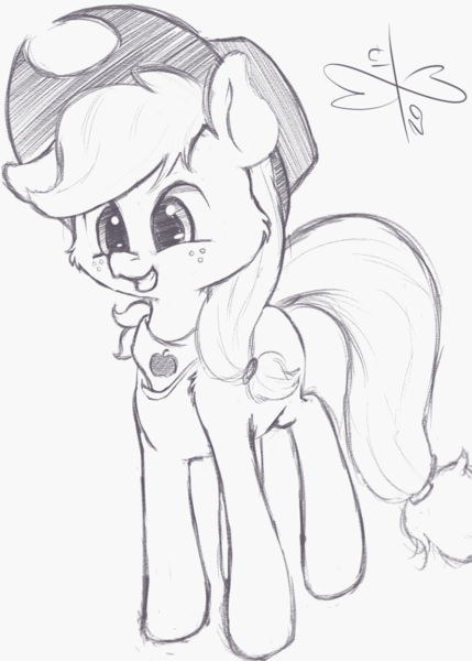 Size: 750x1050 | Tagged: safe, artist:malwinters, derpibooru import, applejack, pony, bandana, cute, female, filly, grin, monochrome, sketch, smiling, solo, younger