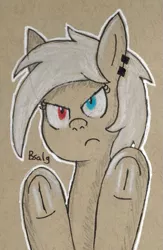 Size: 505x773 | Tagged: safe, artist:b-cacto, derpibooru import, oc, oc:cella, unofficial characters only, pony, ear piercing, heterochromia, looking at you, piercing, solo, traditional art, underhoof