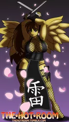 Size: 1080x1920 | Tagged: anthro, anthro oc, armpits, artist:dekomaru, big breasts, breasts, chinese text, clothes, derpibooru import, duality, female, fishnets, flower petals, kunoichi, looking at you, mare, netting, ninja, oc, oc:hattori, pegasus, petals, smiling, solo, solo female, spread wings, suggestive, sword, unguligrade anthro, unofficial characters only, weapon, wings