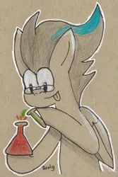 Size: 663x995 | Tagged: safe, artist:b-cacto, derpibooru import, oc, oc:particle haze, unofficial characters only, pony, chemicals, chemistry, erlenmeyer flask, flask, glasses, science, solo, test tube, traditional art, tubes