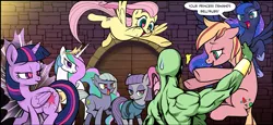 Size: 3301x1521 | Tagged: safe, artist:pencils, derpibooru import, fluttershy, limestone pie, maud pie, pinkie pie, princess celestia, princess luna, twilight sparkle, twilight sparkle (alicorn), oc, oc:anon, oc:mascara maroon, alicorn, earth pony, pegasus, pony, comic:anon's pie adventure, anon gets all the mares, bedroom eyes, bracer, clothes, comic, cropped, crown, dialogue, dress, everybody wants anon, eyeshadow, flying, heart eyes, holding a pony, horseshoes, jewelry, makeup, open mouth, peytral, regalia, speech bubble, sweat, sweatdrop, this will end in snu snu, tongue out, wingding eyes