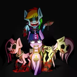 Size: 1861x1861 | Tagged: grimdark, artist:lixthefork, derpibooru import, fluttershy, pinkie pie, rainbow dash, twilight sparkle, pony, amnesia, pinkamena diane pie