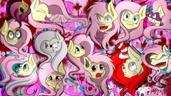 Size: 3309x1861 | Tagged: safe, artist:lixthefork, derpibooru import, fluttershy, saddle rager, bat pony, pegasus, pony, .mov, elements of insanity, shed.mov, blood, cheering, discorded, emoshy, eyes closed, female, flutterbat, flutterbitch, flutterrage, fluttershed, fluttershout, flutteryay, headband, mare, multeity, power ponies, race swap, rainbow power, so much flutter, stare, the stare, yay