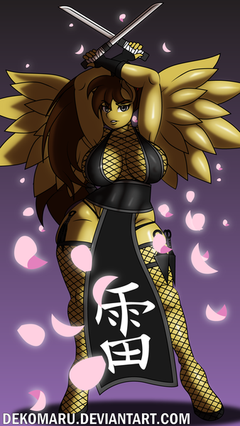 Size: 1080x1920 | Tagged: anthro, anthro oc, armpits, artist:dekomaru, big breasts, breasts, clothes, derpibooru import, duality, female, fishnets, flower petals, kunai, kunoichi, looking at you, mare, netting, ninja, oc, oc:hattori, pegasus, petals, smiling, solo, solo female, spread wings, suggestive, sword, unguligrade anthro, unofficial characters only, weapon, wings