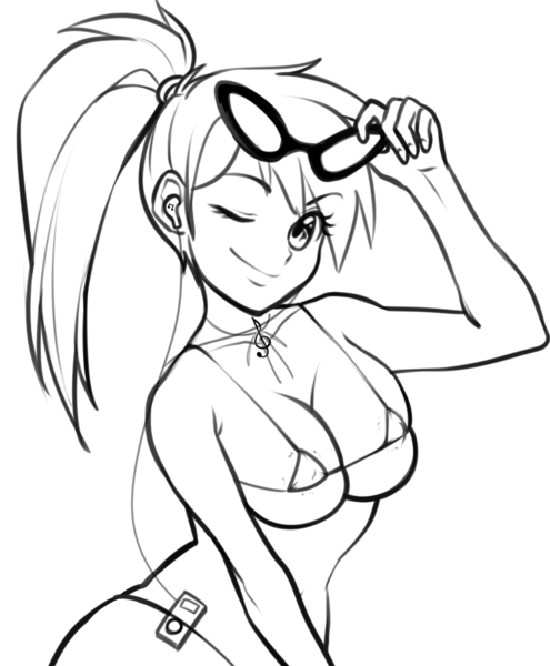 Size: 844x1024 | Tagged: alternate hairstyle, areola, artist:rileyav, bikini, bracelet, breasts, busty vinyl scratch, clothes, commission, derpibooru import, earbuds, female, human, humanized, ipod, jewelry, micro bikini, monochrome, necklace, nipples, nudity, one eye closed, ponytail, questionable, scrunchie, sketch, solo, solo female, swimsuit, vinyl scratch, wink