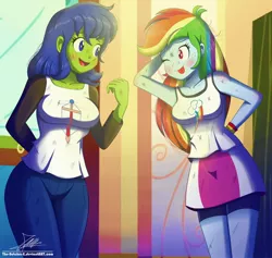 Size: 1796x1704 | Tagged: safe, artist:the-butch-x, derpibooru import, rainbow dash, oc, oc:rally flag, oc:sky pennant, equestria girls, blushing, clothes, compression shorts, equestria guys, hand on hip, injured, male, messy, rule 63, smiling, tongue out