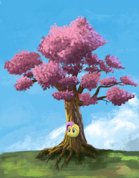 Size: 1500x1920 | Tagged: safe, artist:sycreon, derpibooru import, fluttershy, pegasus, pony, female, fluttertree, mare, sketch, smiling, solo, tree