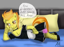 Size: 1363x1000 | Tagged: suggestive, artist:afterman, derpibooru import, spitfire, oc, oc:anon, pony, bed, blushing, chest fluff, choker, clothes, fishnets, french maid, implied anon, maid, sexy, side, solo, stockings, stupid sexy spitfire, talking, thigh highs