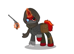 Size: 1575x1150 | Tagged: safe, artist:firefall-mlp, derpibooru import, oc, oc:firefall, unofficial characters only, pony, unicorn, clothes, crossover, fallout, gun, looking at you, magic, male, pants, raised hoof, saddle bag, simple background, solo, stallion, transparent background, weapon