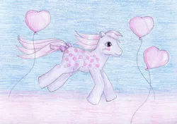 Size: 1024x719 | Tagged: safe, artist:normaleeinsane, derpibooru import, pony, balloon, g1, love melody, solo, traditional art