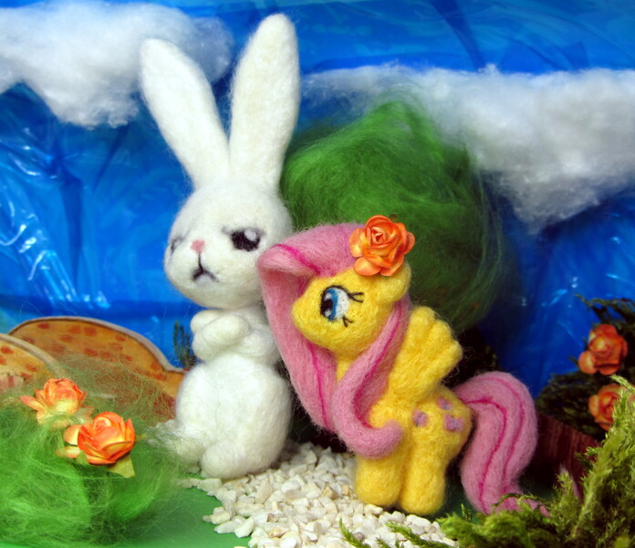 Size: 1500x1294 | Tagged: safe, artist:atelok, derpibooru import, angel bunny, fluttershy, pony, duo, flower, irl, photo, plushie