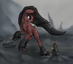 Size: 4000x3535 | Tagged: safe, artist:thelittlesnake, derpibooru import, oc, unofficial characters only, earth pony, pony, angry, ash, blue eyes, chest fluff, embers, female, fire, fluffy, long mane, mare, solo, tail wrap, unshorn fetlocks, volcano