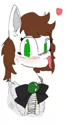 Size: 384x701 | Tagged: suggestive, artist:axisthechangeling, derpibooru import, oc, unofficial characters only, pony, blushing, brown hair, clothes, cute, green eyes, maid, rule 63, shading, solo