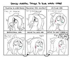 Size: 1600x1300 | Tagged: grimdark, artist:scraggleman, derpibooru import, oc, oc:floor bored, unofficial characters only, earth pony, pony, /mlp/, 4chan, abuse, black and white, bruised, crying, denial, dialogue, doing hurtful things, female, grayscale, mare, monochrome, offscreen character, partial color, sad, solo