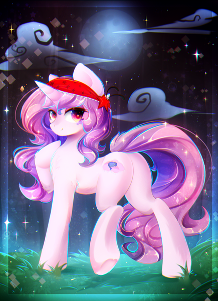 Size: 1736x2396 | Tagged: safe, artist:koveliana, derpibooru import, oc, oc:tender dream, unofficial characters only, pony, unicorn, commission, female, full moon, looking at you, looking back, mare, moon, night, plot, solo, ych result