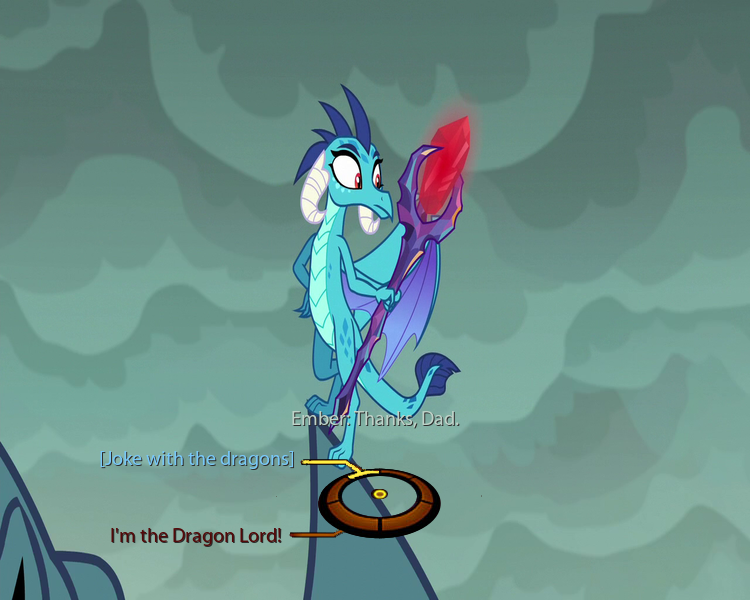 Size: 750x600 | Tagged: safe, derpibooru import, edit, edited screencap, screencap, dragon lord torch, princess ember, dragon, gauntlet of fire, dialogue wheel, mass effect, text