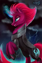 Size: 3000x4500 | Tagged: safe, artist:das_leben, derpibooru import, tempest shadow, pony, unicorn, my little pony: the movie, absurd resolution, broken horn, cloud, dark clouds, electricity, female, horn, mare, rearing, solo, sparking horn
