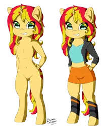 Size: 1942x2313 | Tagged: suggestive, artist:salamishowdown, derpibooru import, sunset shimmer, anthro, equestria girls, belly button, chibi, clothes, midriff, short shirt, simple background, skirt, solo, transparent background