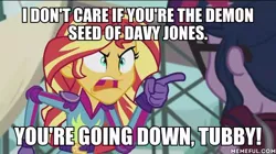 Size: 600x337 | Tagged: safe, derpibooru import, edit, edited screencap, screencap, sci-twi, sunset shimmer, twilight sparkle, equestria girls, friendship games, angry, exploitable meme, image macro, meme, no weenies allowed, spongebob squarepants, sunset yells at twilight