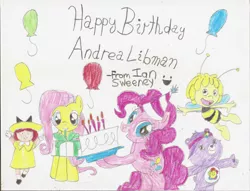 Size: 3328x2544 | Tagged: safe, derpibooru import, fluttershy, pinkie pie, pony, andrea libman, balloon, birthday cake, birthday present, cake, care bears, care bears adventures of care a lot, food, hand drawing, happy birthday, harmony bear, madeline, maya the bee, traditional art, voice actor joke