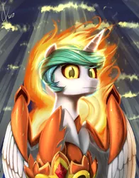 Size: 1800x2291 | Tagged: safe, artist:valcron, derpibooru import, daybreaker, alicorn, pony, a royal problem, helmet, looking at you, solo