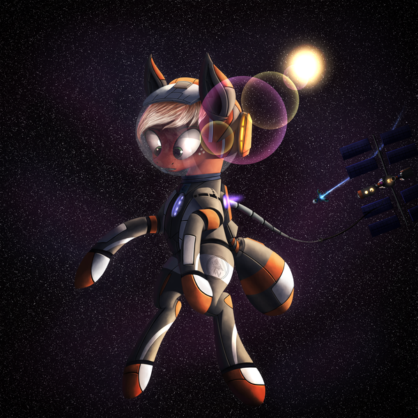 Size: 5000x5000 | Tagged: safe, artist:quefortia, derpibooru import, applejack, earth pony, pony, absurd resolution, astronaut, female, mare, solo, space, space station, spacesuit, sun, tether