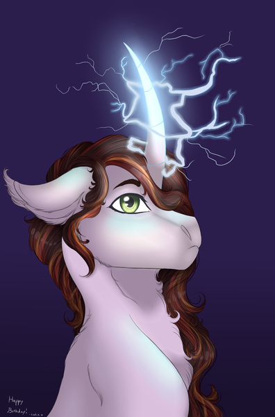 Size: 1626x2466 | Tagged: safe, artist:cookiemoonloo, derpibooru import, oc, oc:ignis, unofficial characters only, pony, unicorn, bust, curved horn, electricity, magic, male, portrait, solo, stallion