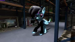 Size: 3840x2160 | Tagged: safe, artist:rainbowdashydg, artist:rdashflare, derpibooru import, oc, oc:rdash, unofficial characters only, dracony, hybrid, pony, 3d, clothes, glasses, solo, source filmmaker, suit, warehouse