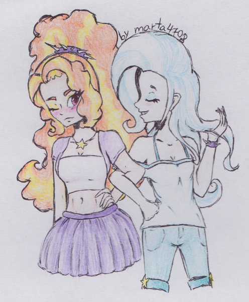 Size: 1064x1287 | Tagged: safe, artist:marta4708, derpibooru import, adagio dazzle, trixie, equestria girls, rainbow rocks, belly button, clothes, female, lesbian, midriff, shipping, skirt, traditional art, triagio