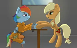 Size: 3520x2239 | Tagged: safe, artist:ana-ph, derpibooru import, applejack, rainbow dash, pony, bound wings, chains, clothes, cuffed, cuffs, handcuffed, jail, prison, prison outfit, prisoner rd, shackles