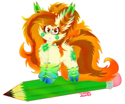 Size: 1024x849 | Tagged: safe, artist:vanillaswirl6, derpibooru import, oc, oc:historic shine, unofficial characters only, earth pony, pony, cheek fluff, chest fluff, chibi, ear fluff, female, fluffy, freckles, glasses, hoof fluff, mare, pencil, ponysona, ponytail, rainbow power, sharp teeth, shoulder fluff, shoulder freckles, solo, teeth, tiny ponies, tongue out