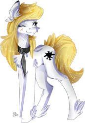 Size: 498x722 | Tagged: artist:sattobless, aryan pony, blushing, chest fluff, derpibooru import, ear fluff, hoof fluff, nazi, necktie, oc, oc:vicky turner, one eye closed, safe, smiling, species swap, unofficial characters only, wink