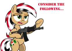 Size: 3507x2481 | Tagged: safe, artist:pananovich, derpibooru import, oc, oc:syriana, ponified, earth pony, pony, /mlpol/, aks-74u, assault rifle, bipedal, consider the following, female, gun, nation ponies, rifle, simple background, syria, text, transparent background, underhoof, weapon