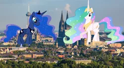 Size: 3021x1650 | Tagged: safe, artist:dashiesparkle, artist:illumnious, artist:theotterpony, derpibooru import, princess celestia, princess luna, alicorn, pony, cologne, germany, giant pony, highrise ponies, macro, story included