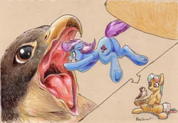 Size: 2543x1758 | Tagged: safe, artist:ponythroat, derpibooru import, oc, oc:aerie rufter, oc:gyro tech, unofficial characters only, falcon, pony, unicorn, eaten alive, fetish, mawshot, micro, open mouth, predation, swallowing, traditional art, vore