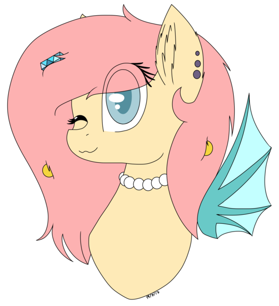 Size: 1642x1799 | Tagged: safe, artist:pinkpearlmlp, derpibooru import, oc, oc:crystal swindle, unofficial characters only, bat pony, pony, bust, female, jewelry, mare, necklace, one eye closed, pearl necklace, portrait, solo, wink