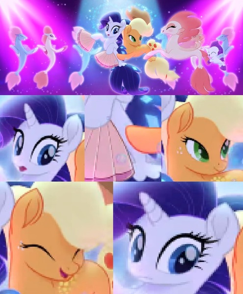 Size: 842x1020 | Tagged: applejack, background sea pony, cropped, dancing, derpibooru import, edit, edited screencap, fan, my little pony: the movie, one small thing, rarity, safe, screencap, seaponified, seapony applejack, seapony (g4), seapony rarity, sea poppy, seashell, species swap, youtube link