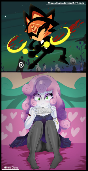 Size: 1500x2898 | Tagged: suggestive, artist:minusclass, derpibooru import, sweetie belle, equestria girls, breasts, crossover, derp, female, missing shoes, myamsar, patapon, psp, solo, uberhero