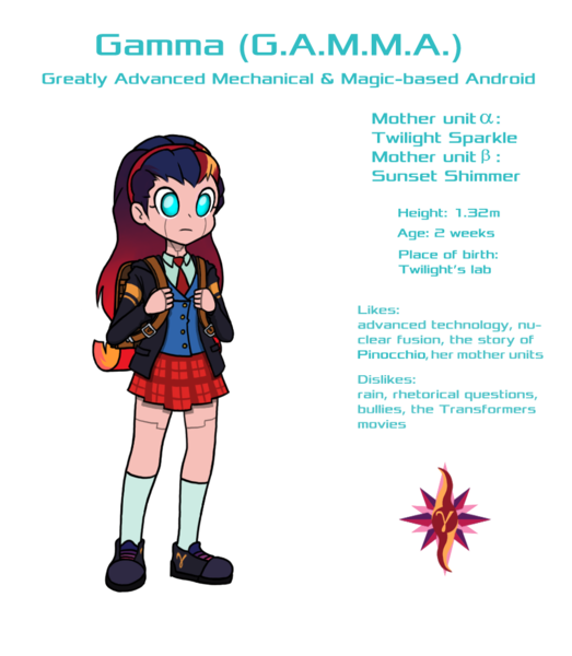 Size: 896x1028 | Tagged: safe, artist:crydius, derpibooru import, oc, oc:gamma, unofficial characters only, android, equestria girls, backpack, biography, character profile, clothes, cute, cutie mark, female, frown, gradient hair, headband, jacket, leather jacket, magical lesbian spawn, necktie, no pupils, offspring, parent:sci-twi, parent:sunset shimmer, parent:twilight sparkle, parents:scitwishimmer, parents:sunsetsparkle, plaid skirt, pleated skirt, school uniform, scientific lesbian spawn, shirt, shoes, simple background, skirt, socks, solo, standing, symbol, text, transparent background