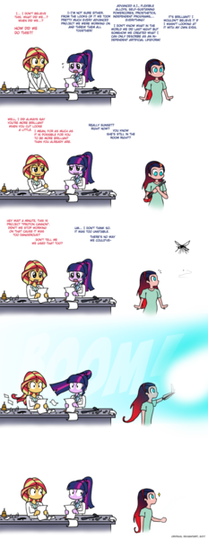 Size: 784x2024 | Tagged: safe, artist:crydius, derpibooru import, sci-twi, sunset shimmer, twilight sparkle, oc, oc:gamma, android, mosquito, equestria girls, clothes, comic, female, flirting, gradient hair, lab coat, laboratory, laser, lesbian, magical lesbian spawn, meet gamma, offspring, overkill, overreaction, parent:sci-twi, parent:sunset shimmer, parent:twilight sparkle, parents:scitwishimmer, parents:sunsetsparkle, scientific lesbian spawn, scitwishimmer, shipping, simple background, sunsetsparkle, transparent background