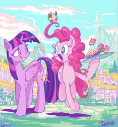 Size: 779x832 | Tagged: safe, artist:jowybean, derpibooru import, pinkie pie, twilight sparkle, twilight sparkle (alicorn), alicorn, earth pony, pony, cupcake, dessert, duo, food, hoof hold, open mouth, pie, ponyville, prehensile mane, smiling, tray