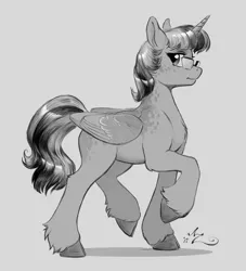 Size: 1125x1238 | Tagged: safe, artist:amarynceus, deleted from derpibooru, derpibooru import, oc, oc:twilight dapple, unofficial characters only, alicorn, pony, alicorn oc, cloven hooves, female, glasses, magical lesbian spawn, mare, monochrome, offspring, parent:princess luna, parent:twilight sparkle, parents:twiluna, solo, unshorn fetlocks