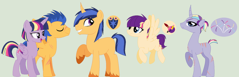 Size: 1558x508 | Tagged: safe, artist:xxanimatorixx, derpibooru import, flash sentry, twilight sparkle, oc, oc:burning topaz, oc:harmony, oc:honor shield, alicorn, pegasus, pony, unicorn, base used, couple, family, female, flashlight, male, next generation, offspring, parent:flash sentry, parent:twilight sparkle, parents:flashlight, rainbow power, scar, shipping, short mane, straight